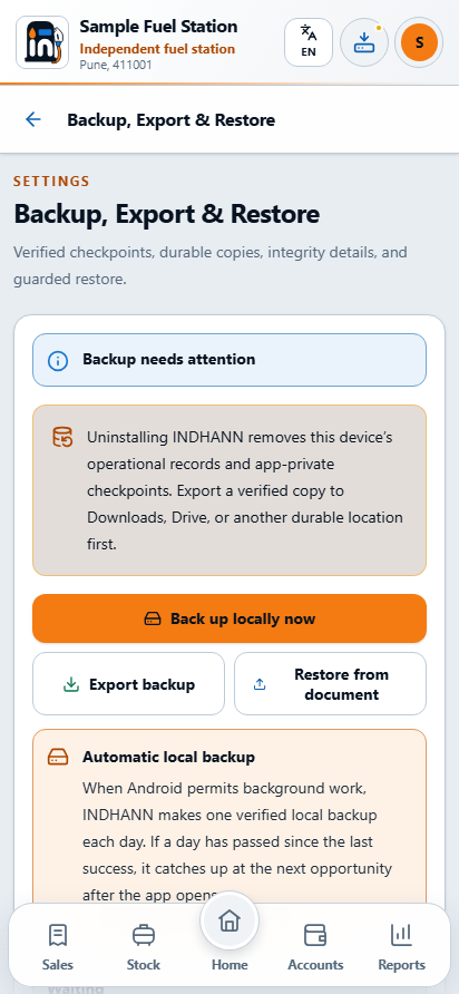 Backup & Restore is the entry point for reviewing a recovery file before replacement.