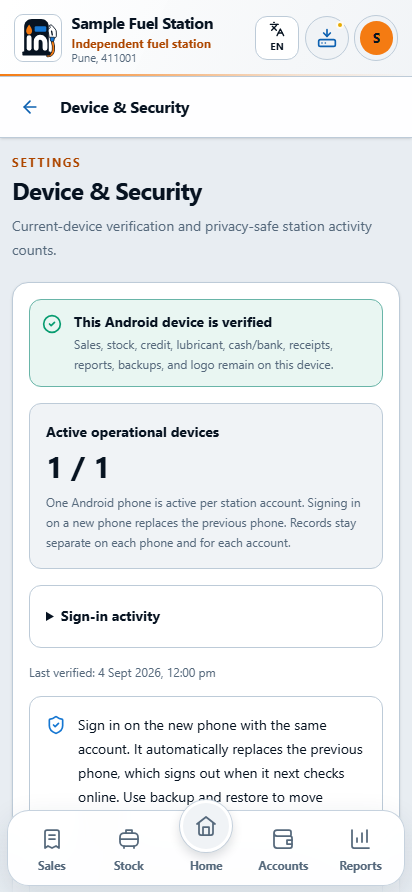 Device & Security shows the active-phone state and separate account-activity counts.