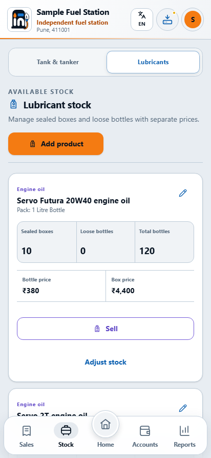 Lubricant stock distinguishes boxes and loose individual units.