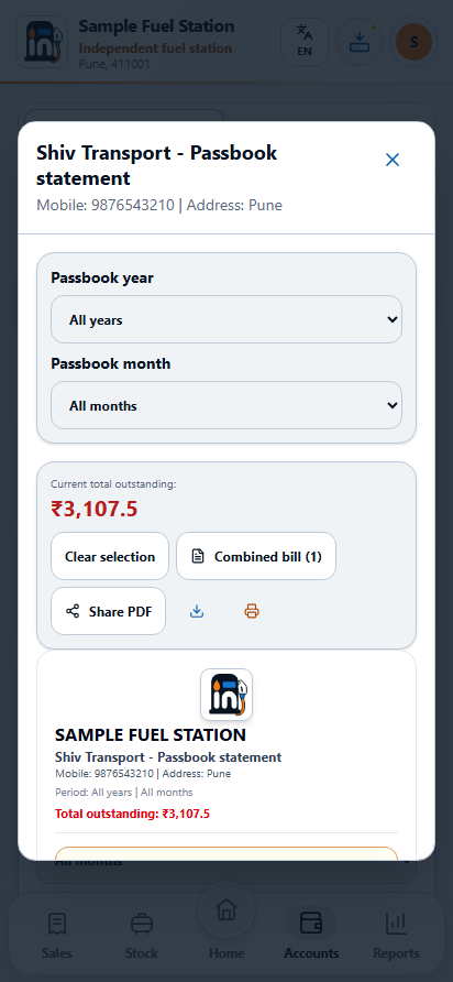 The customer passbook explains the selected history through charges and collections.