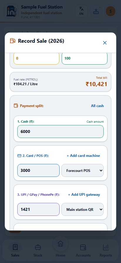 The scrolled sale form shows payment allocation; its example figures differ from the worked lesson.