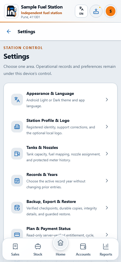 The Settings hub groups eight areas without replacing the main navigation.
