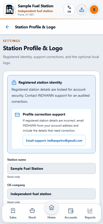 The registered station identity is shown in Android after sign-in; registration takes place on the website.
