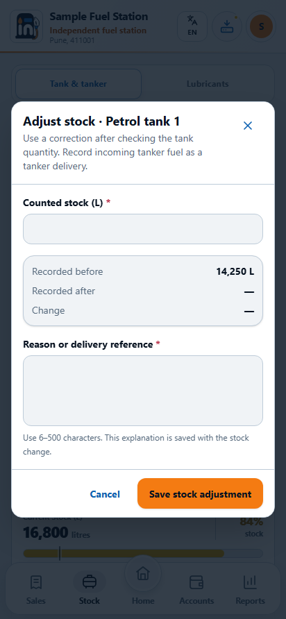 Stock adjustment names the resulting quantity and the reason for a correction.