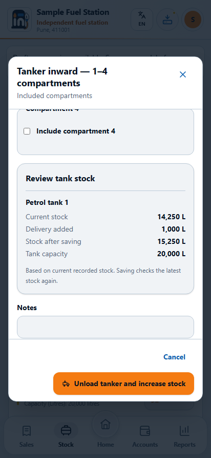 The tanker form reviews the effect of entered compartments on each tank before saving.